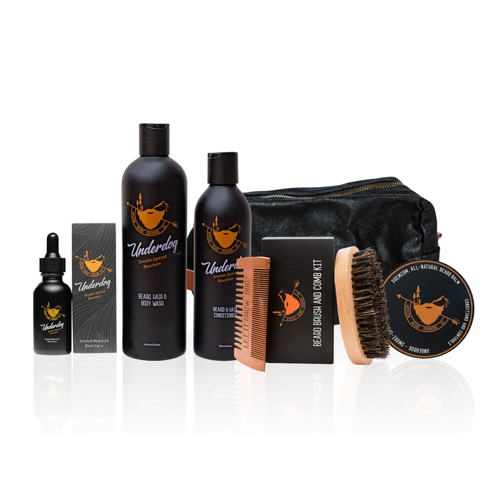 Luxury beard grooming kit with wash, conditioner, oil, balm, brush and comb