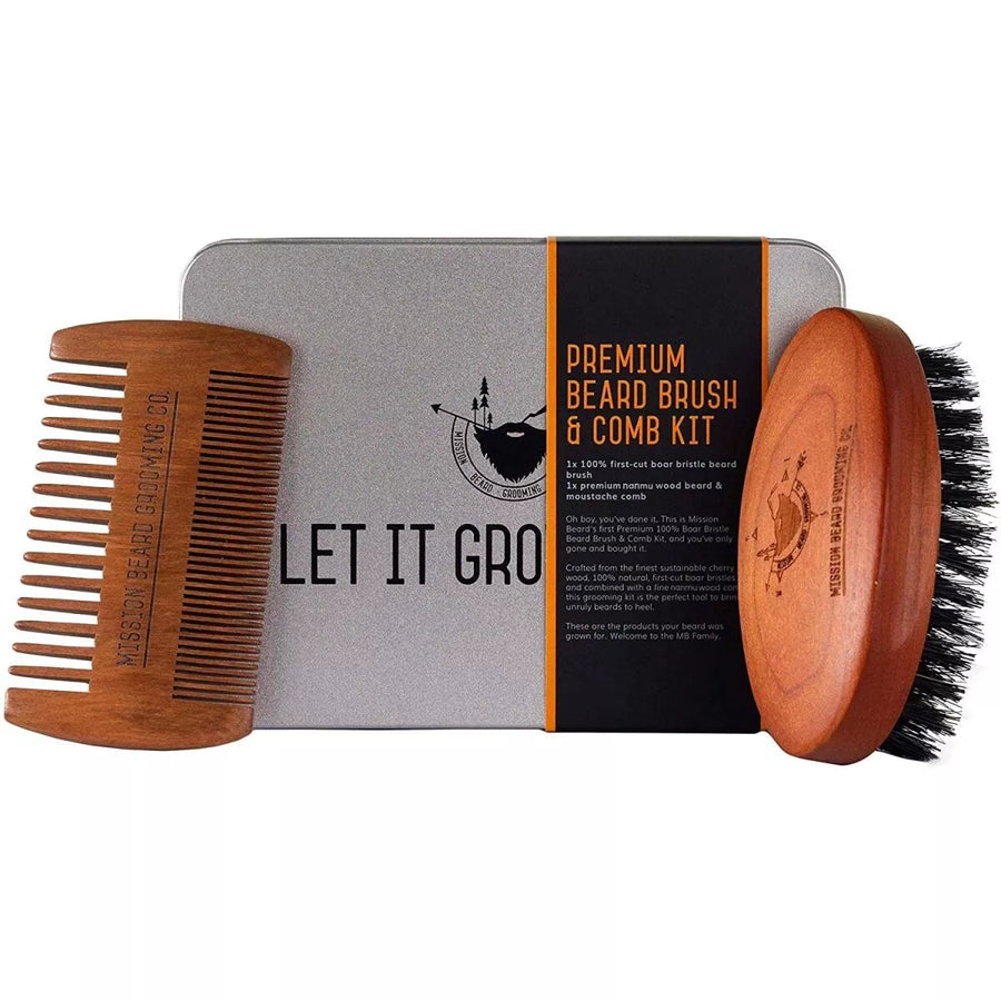 Beard brush and comb set for long beards, with storage tin