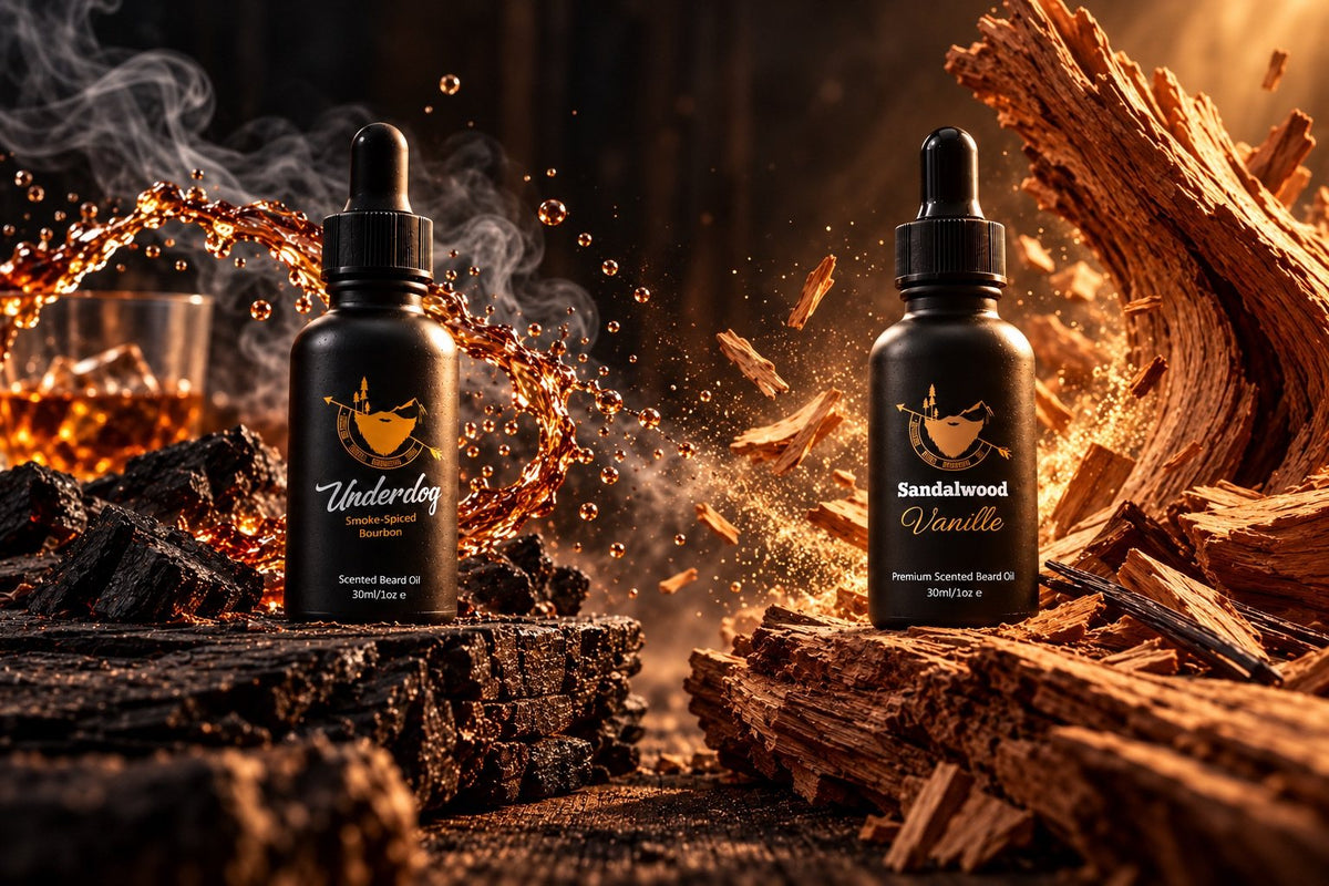 Underdog and Sandalwood Vanille beard oils, one in whisky and smoke, one in splintered sandalwood