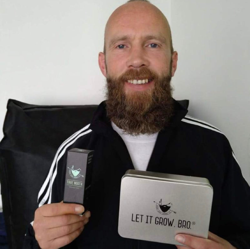 Customer with True North oil and the Mission Beard tin