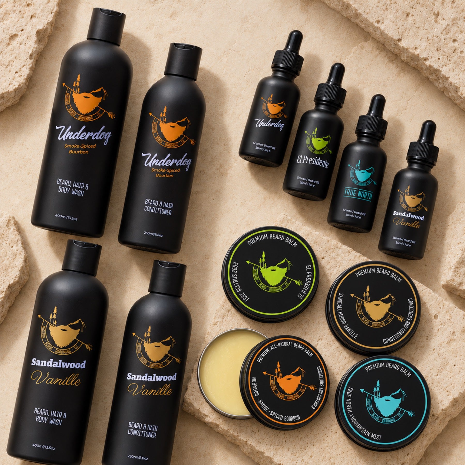 The full Mission Beard range — wash, conditioner, oils and balms in every scent